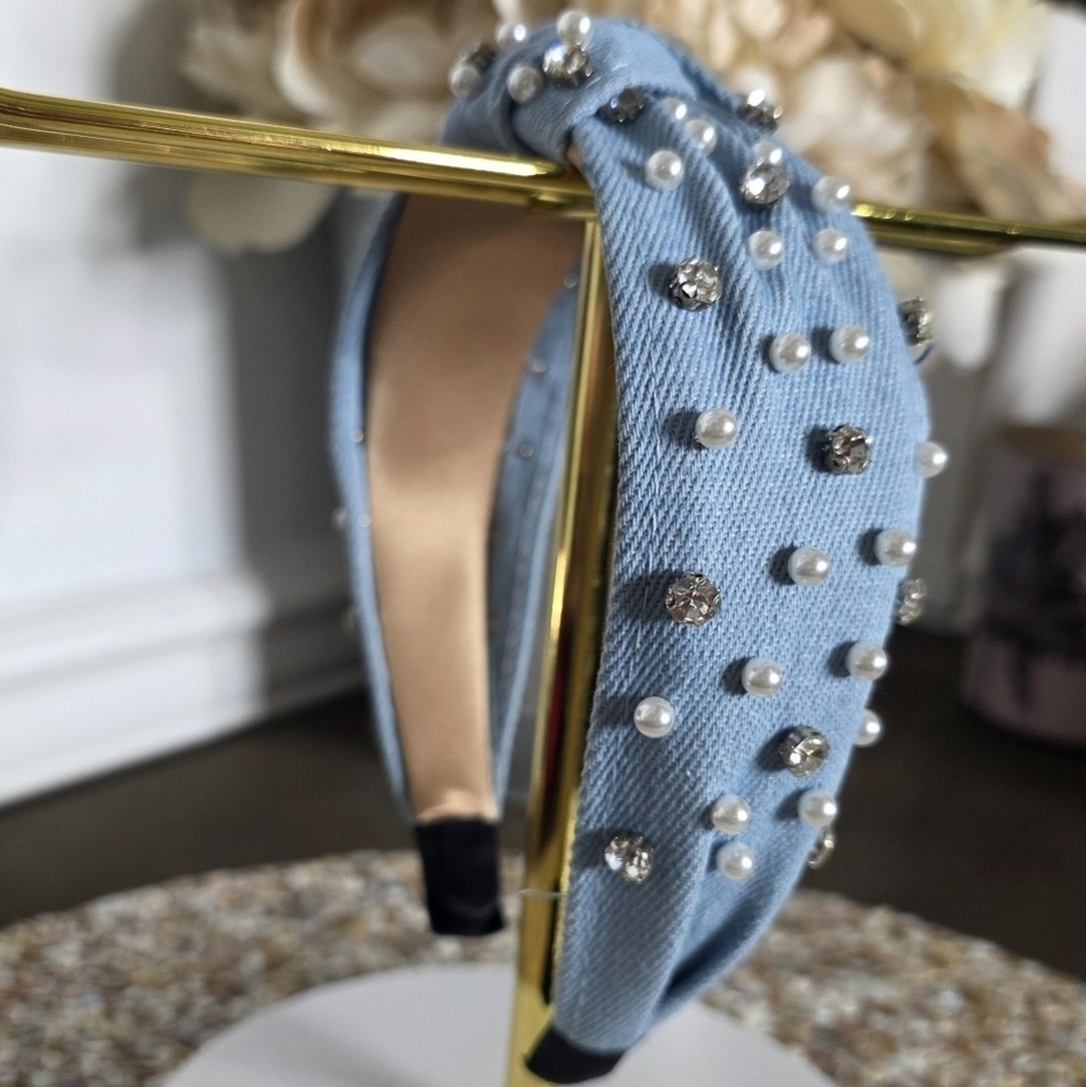 Chic Denim Blue Headband with Pearls and Crystals